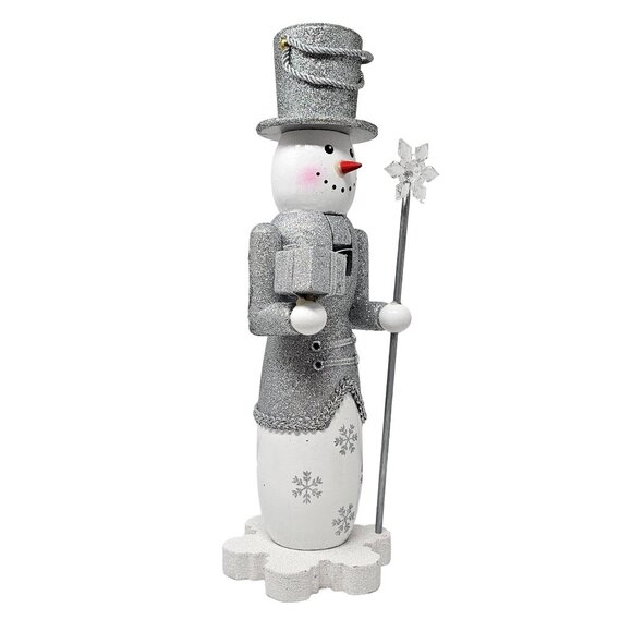 Silver and White Snowman 14" Christmas Wood Nutcracker - Picture 2 of 4